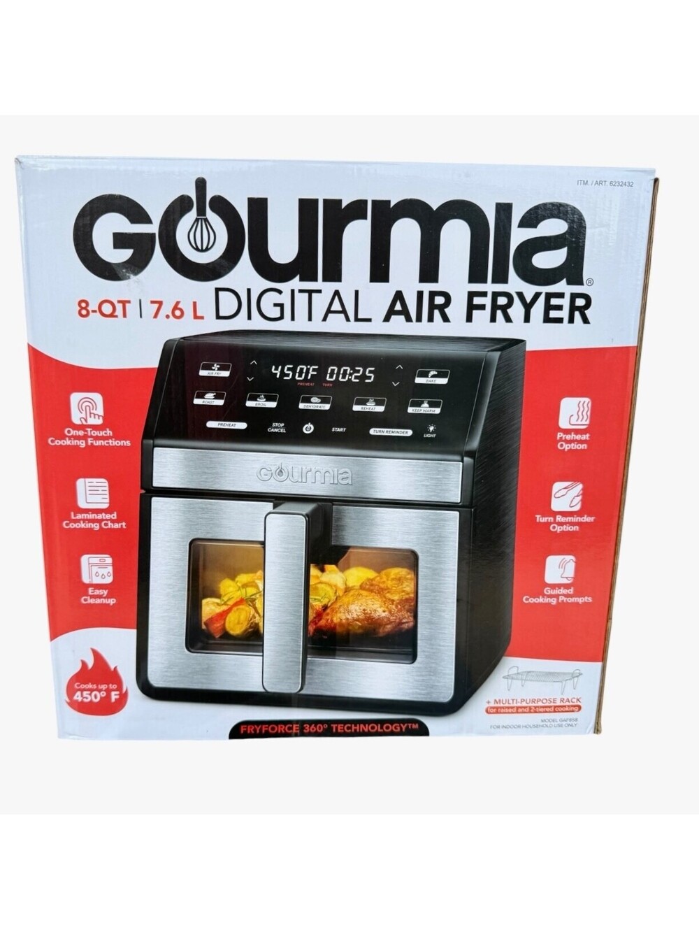 Gourmia GAF858 8-Qt Digital Air Fryer Window Light 1700W Crisper Rack 450F